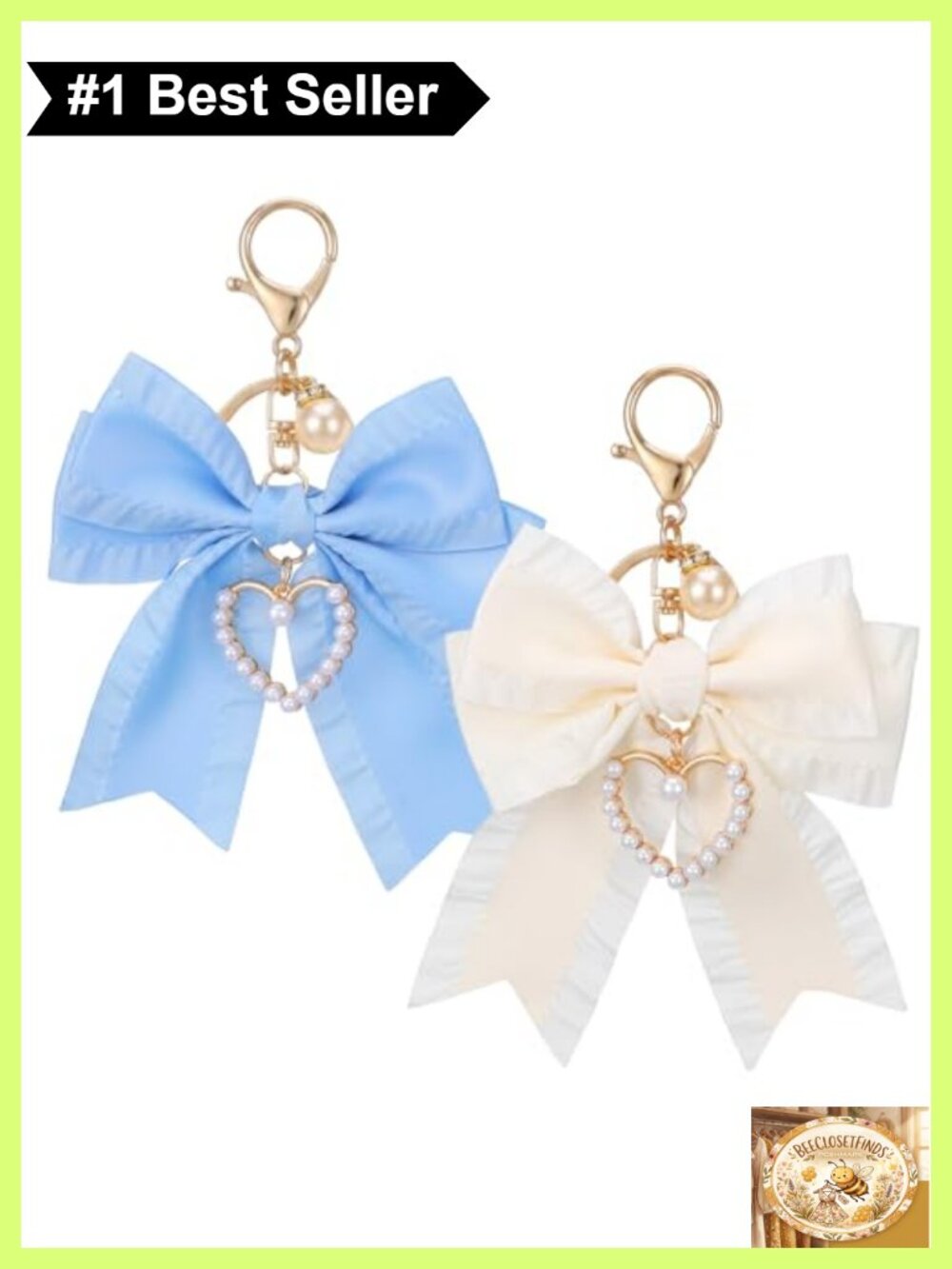 Faux Pearl Bow Bag Charm Keychain Wristlet Purse Accessory Set of 2